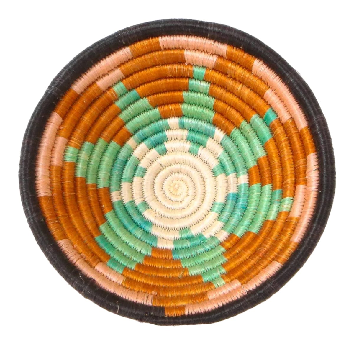 Woven basket with a circular pattern in orange, green, and beige on a white background