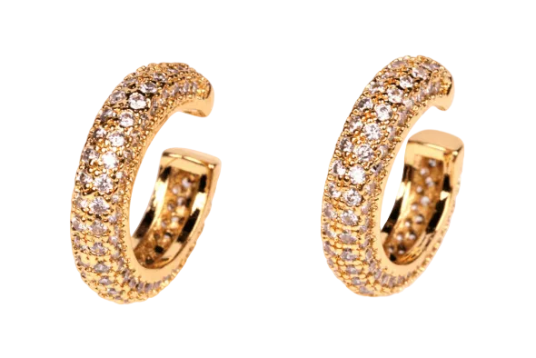 Gold hoop earrings with embedded stones on a white background