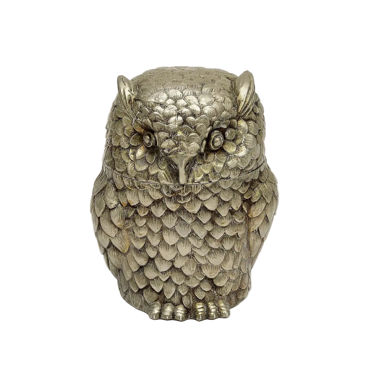 An antique-style metal owl figurine with detailed textured feathers, set against a plain white background.