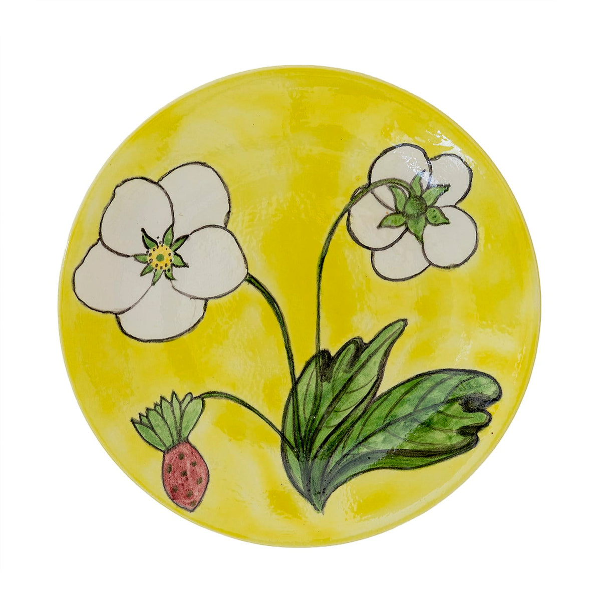 A round yellow ceramic plate featuring a hand-painted botanical design of white flowers, green leaves, and a small pink-red strawberry, shown against a plain white background.