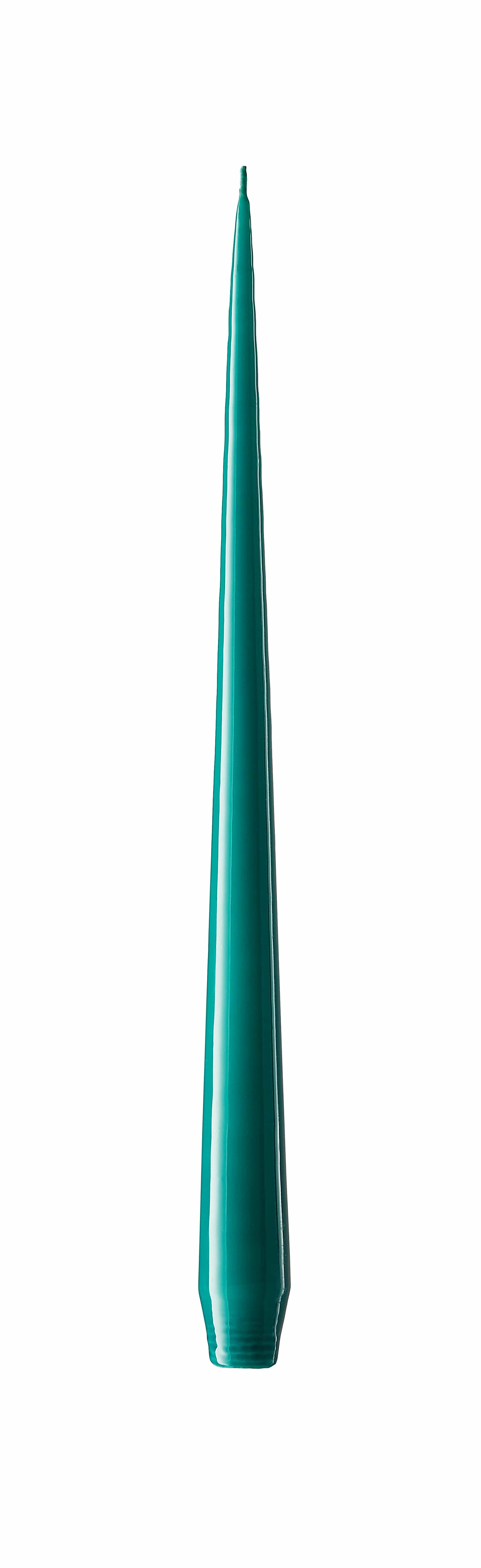 A single green lacquered taper candle on a plain background.