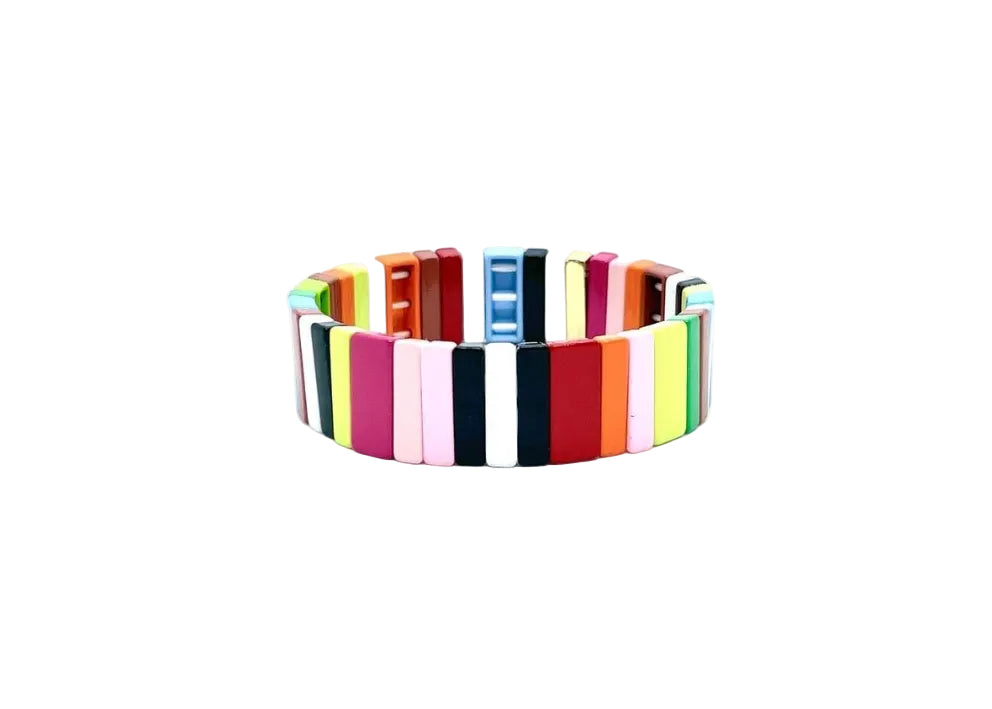 Multicolored bracelet with square links on a white background