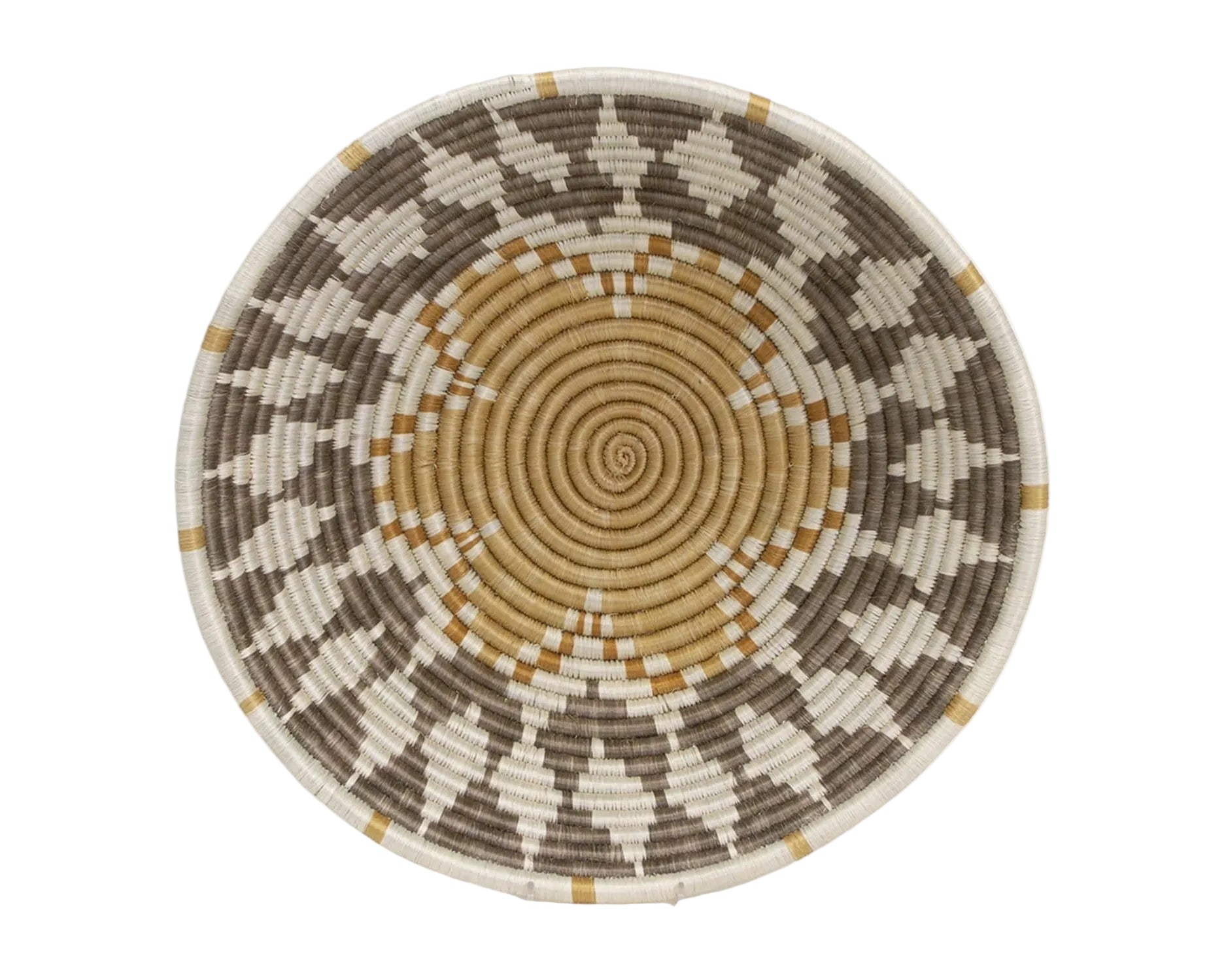 Woven basket with concentric circle pattern on a white background