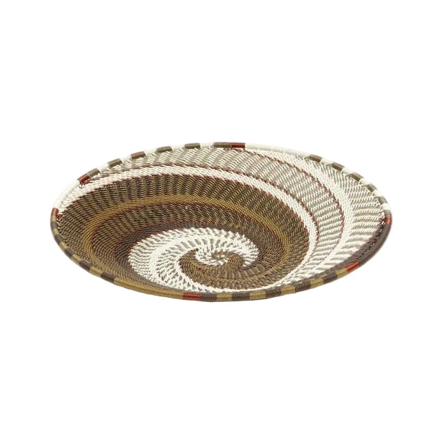 A hand-woven open basket with geometric patterns, predominantly in beige color, with a solid metal core visible at the center.