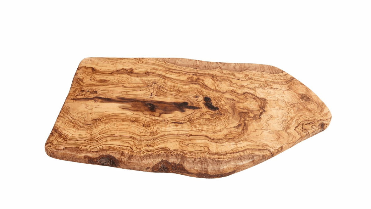 An olive wood platter with a natural grain pattern, approximately rectangular in shape, used for serving cheese or salami.