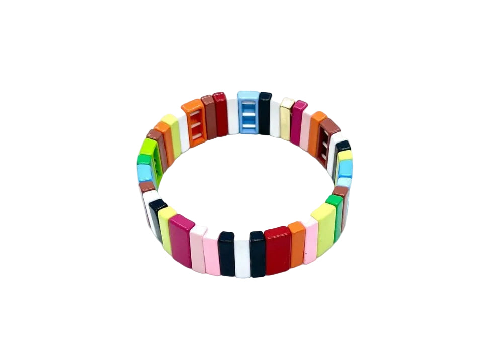 Colorful bracelet made of interlocking tiles on a white background