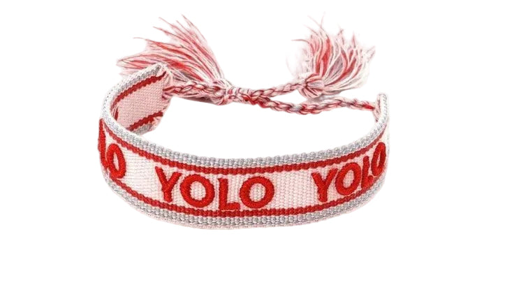 Bracelet with 'YOLO' text on a white background
