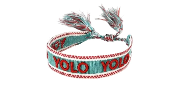 Bracelet with 'YOLO' text on a turquoise background