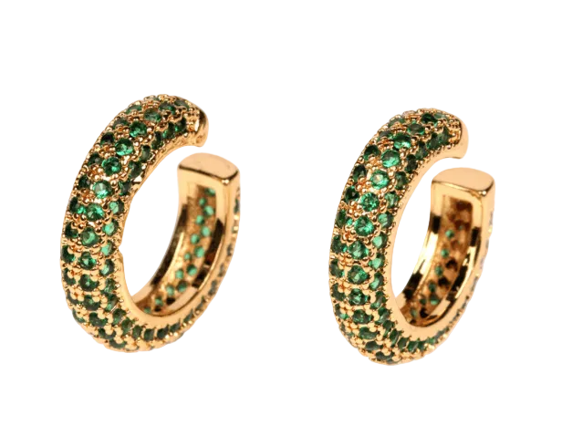 Gold hoop earrings with green gemstones on a white background