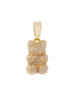 Gold bear-shaped pendant with embedded stones on a white background