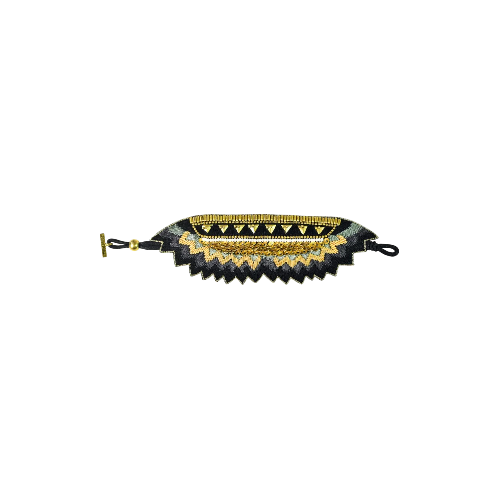 Black and gold bracelet on a white background