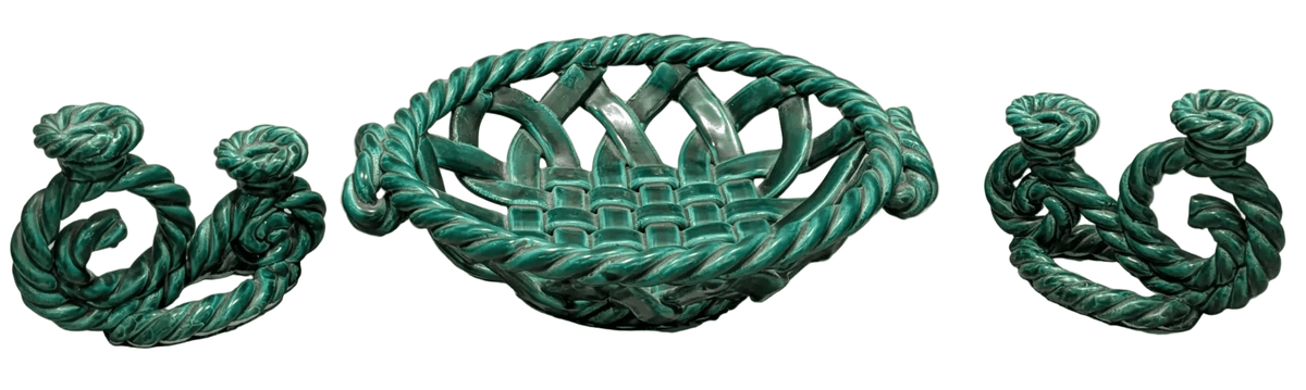 green ceramic bowl imitating wicker basket