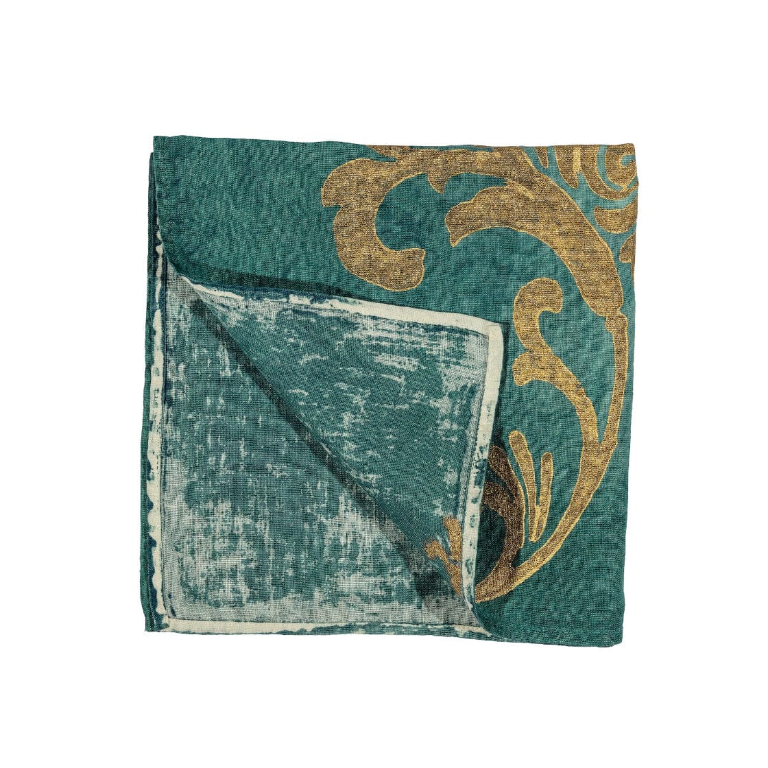 Teal fabric with gold decorative patterns on a white background