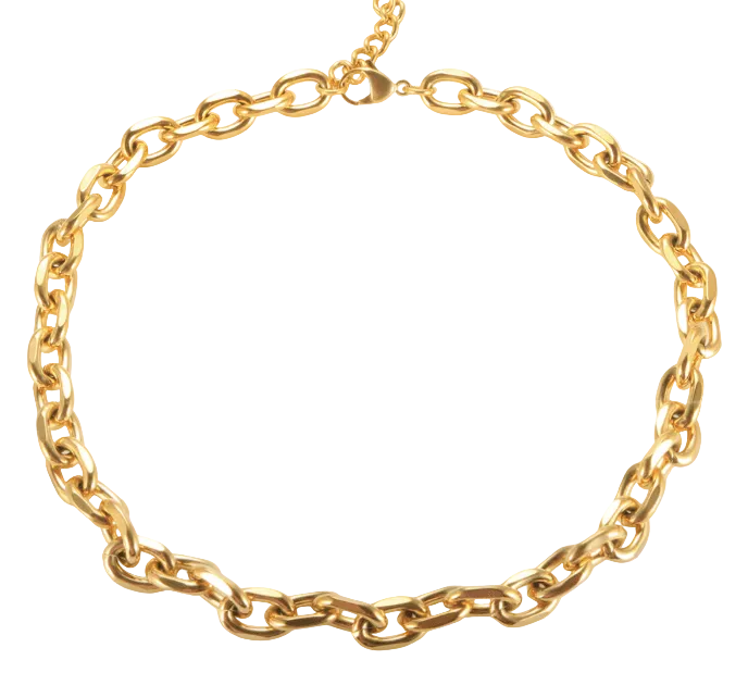 A gold-plated chunky chain necklace laid out on a plain surface.