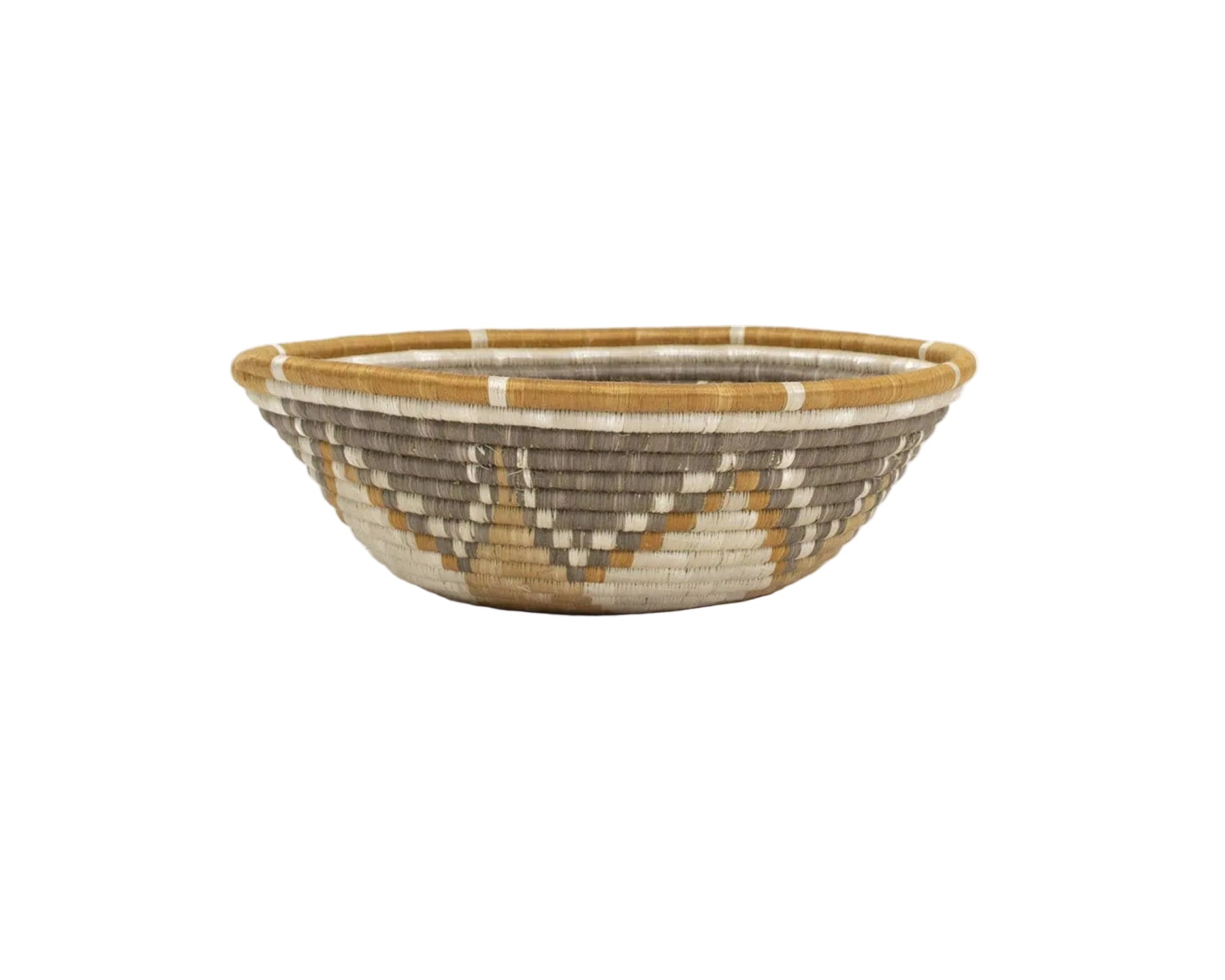 Woven basket with a striped pattern on a white background