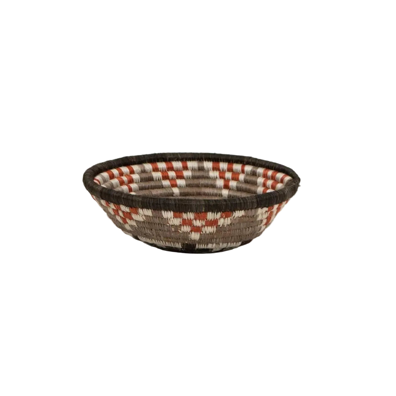 Woven basket with a checkered pattern on a white background