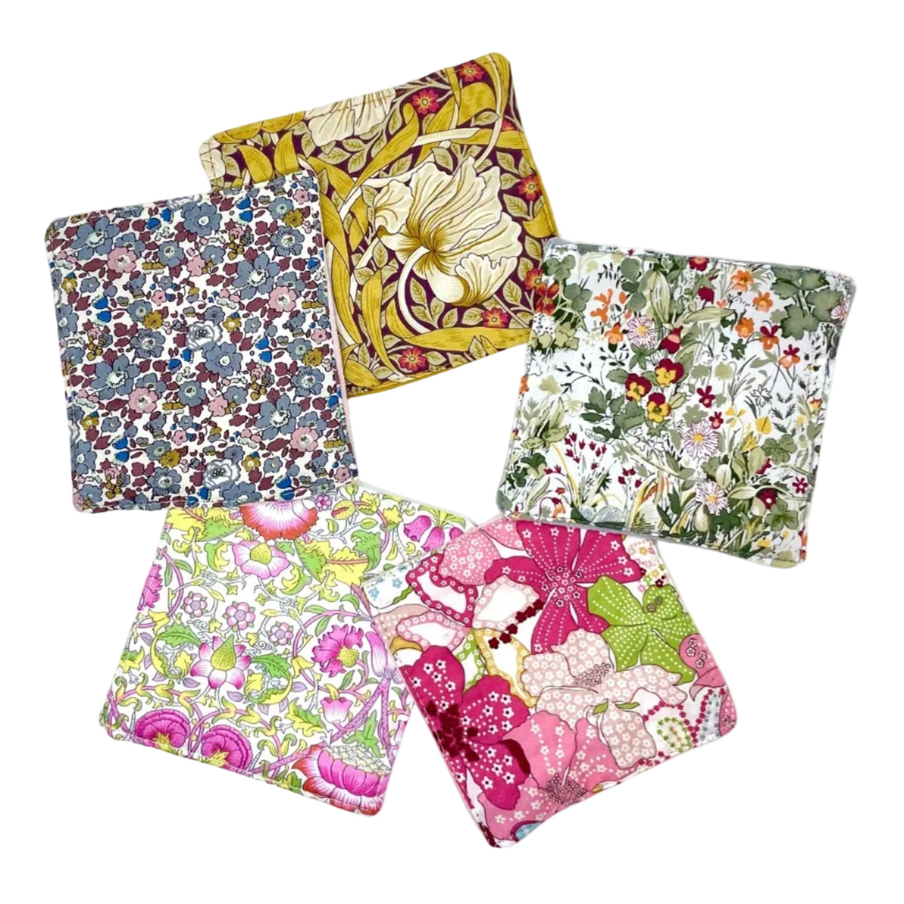 A collection of colorful floral patterned cotton pads.